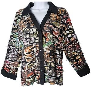 Sno Skins Womens XL Button Front Shirt Ribbon Fringe Wearable Art Abstract Black